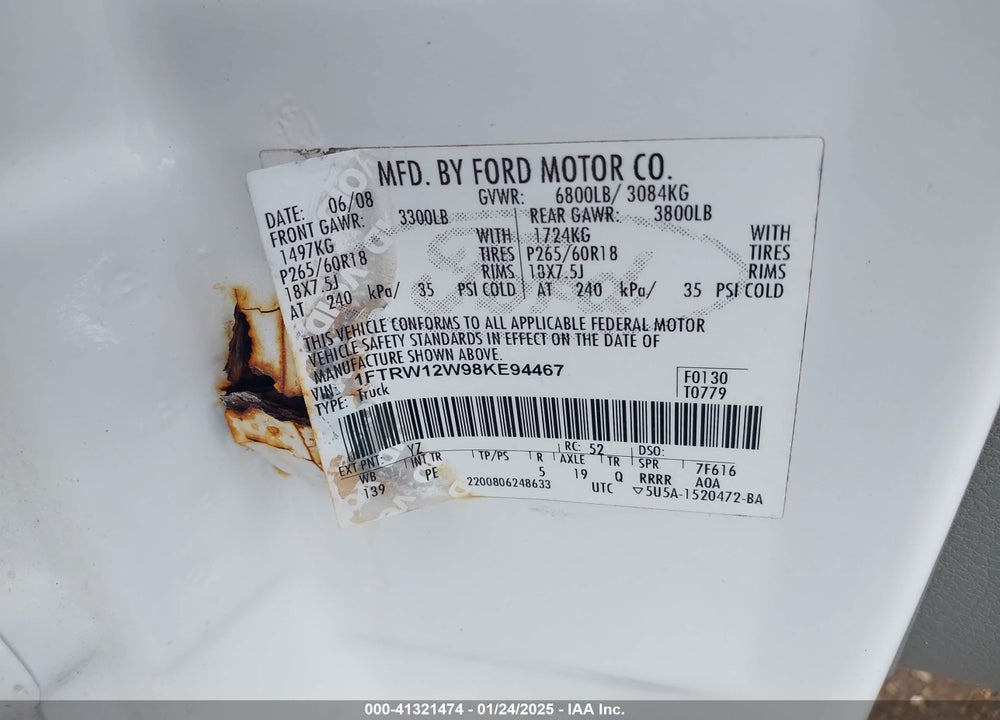 2008 FORD F-150 VIN: 1FTRW12W98KE94467