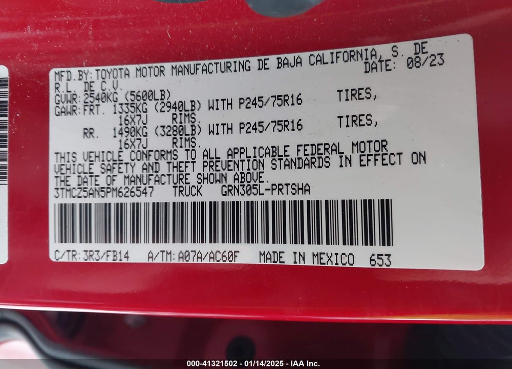 2023 TOYOTA TACOMA VIN: 3TMCZ5AN5PM626547