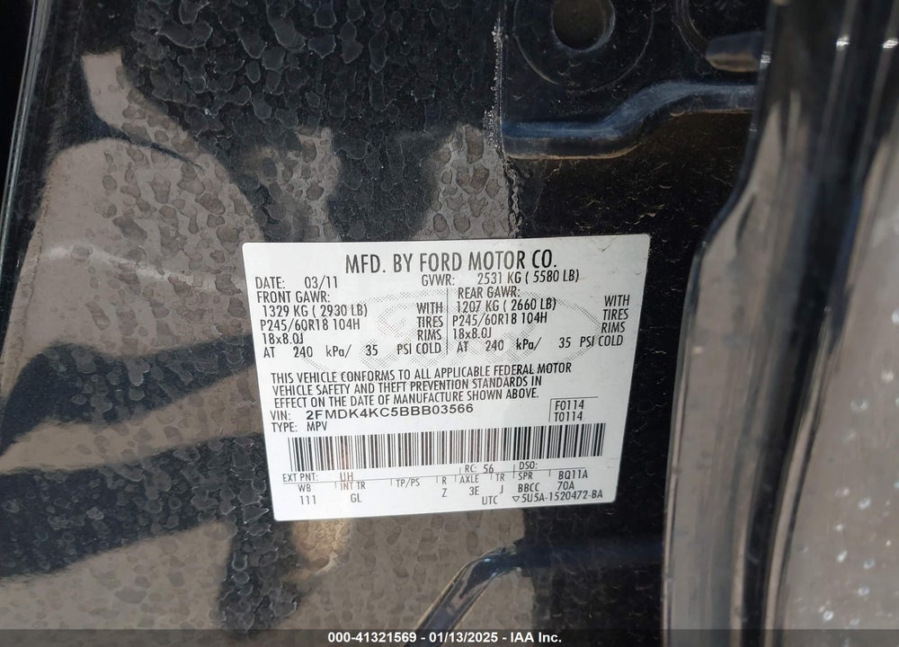 2011 FORD EDGE LIMITED VIN: 2FMDK4KC5BBB03566