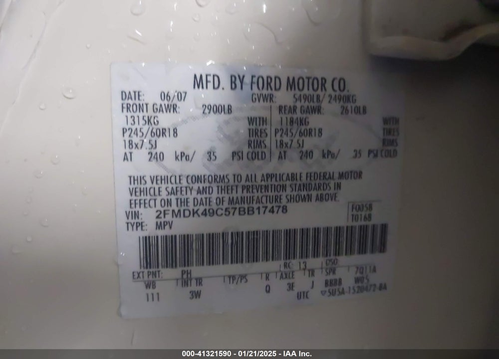 2007 FORD EDGE SEL PLUS VIN: 2FMDK49C57BB17478