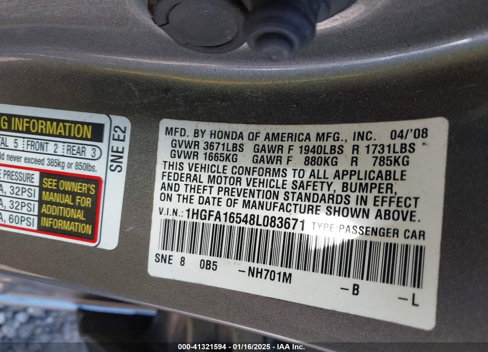 2008 HONDA CIVIC LX VIN: 1HGFA16548L083671
