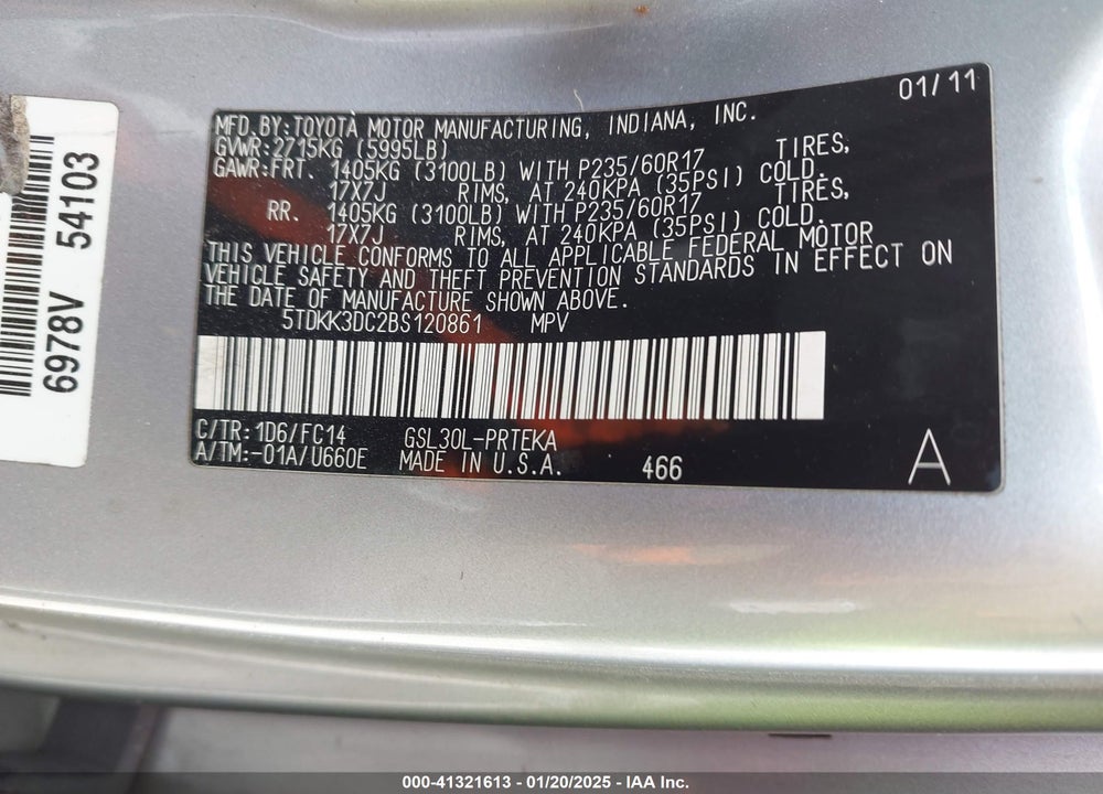 2011 TOYOTA SIENNA VIN: 5TDKK3DC2BS120861