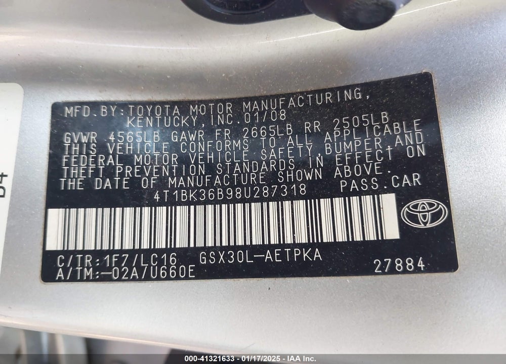 2008 TOYOTA AVALON VIN: 4T1BK36B98U287318