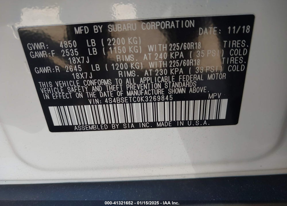 2019 SUBARU OUTBACK 3.6R TOURING VIN: 4S4BSETC0K3269845