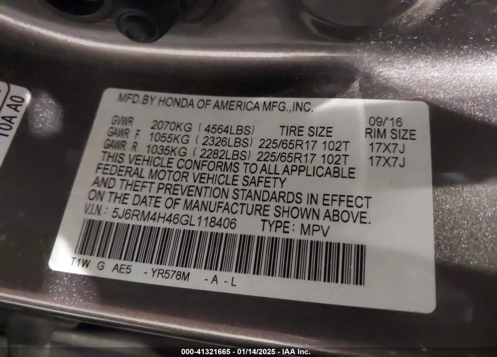2016 HONDA CR-V SE VIN: 5J6RM4H46GL118406