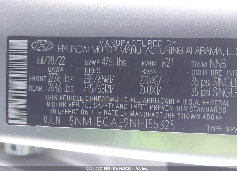 2022 HYUNDAI TUCSON SEL VIN: 5NMJBCAE9NH155325