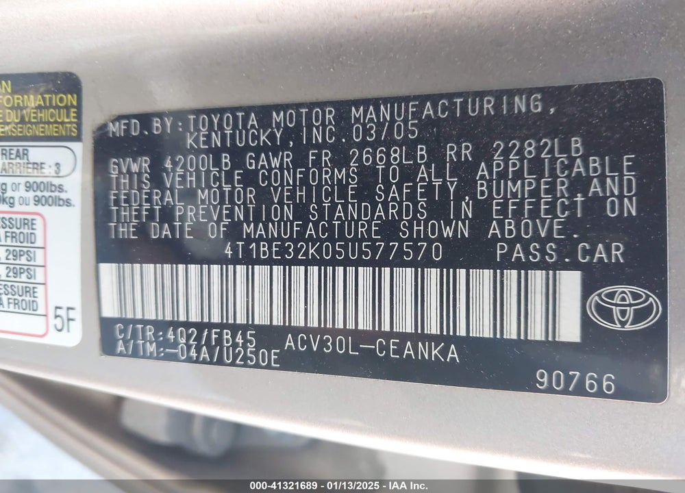 2005 TOYOTA CAMRY LE VIN: 4T1BE32K05U577570