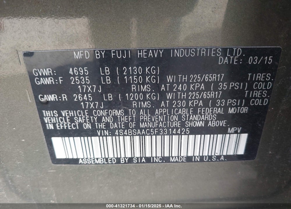 2015 SUBARU OUTBACK 2.5I VIN: 4S4BSAAC5F3314425