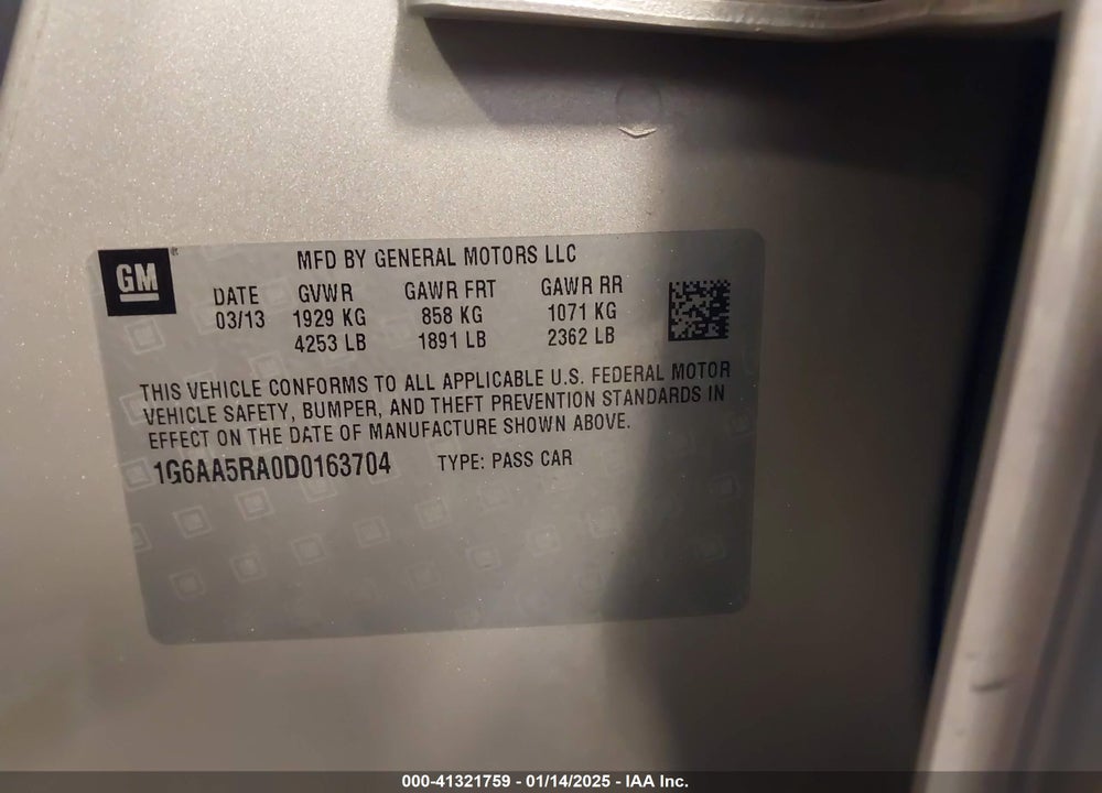 2013 CADILLAC ATS STANDARD VIN: 1G6AA5RA0D0163704