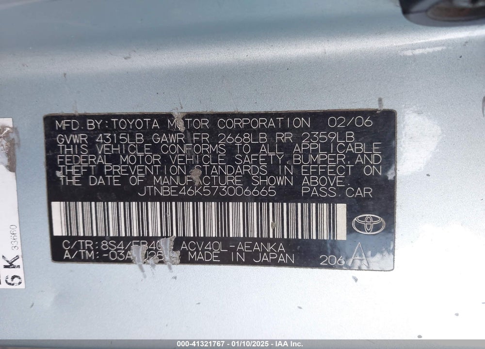 2007 TOYOTA CAMRY VIN: JTNBE46K573006665