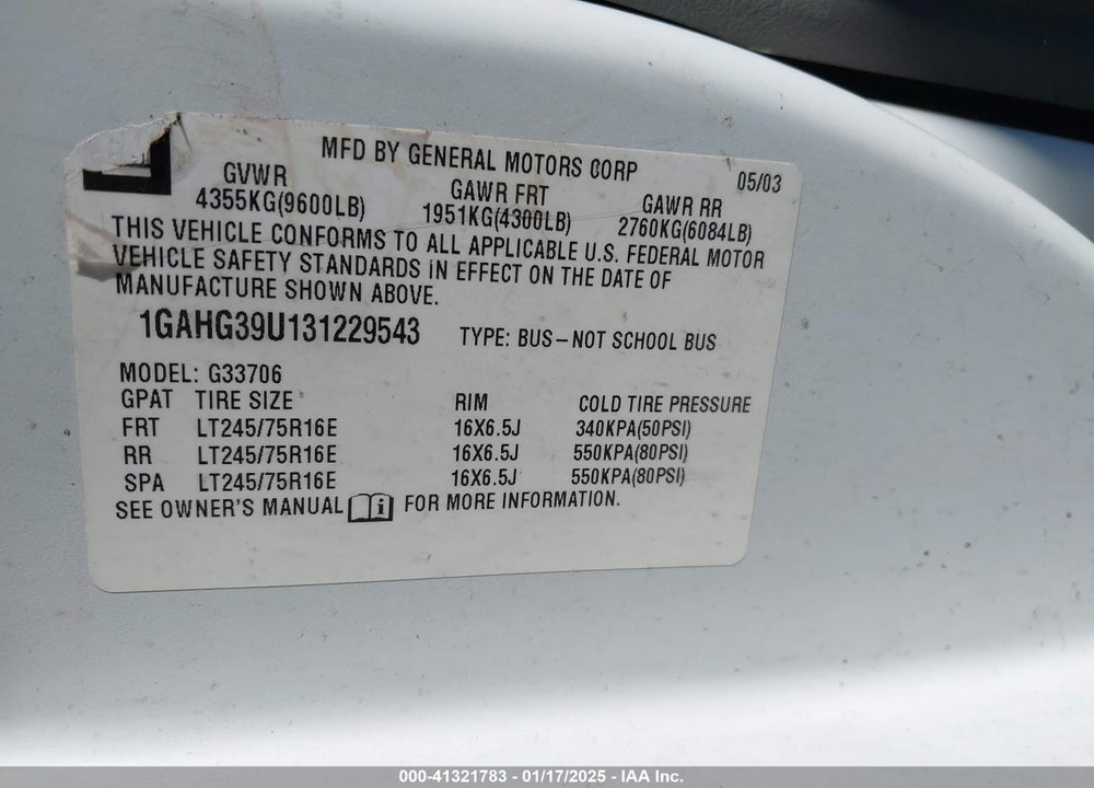 2003 CHEVROLET EXPRESS VIN: 1GAHG39U131229543