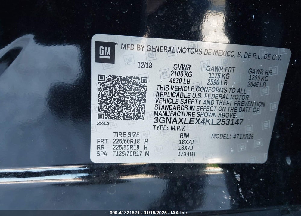 2019 CHEVROLET EQUINOX LT VIN: 3GNAXLEX4KL253147