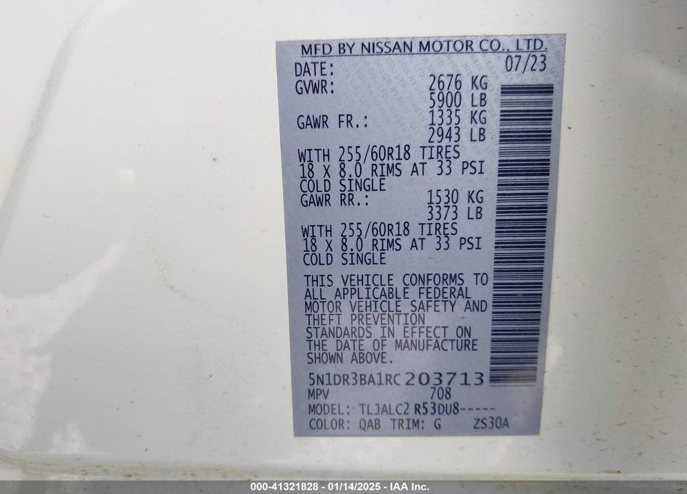2024 NISSAN PATHFINDER SV FWD VIN: 5N1DR3BA1RC203713