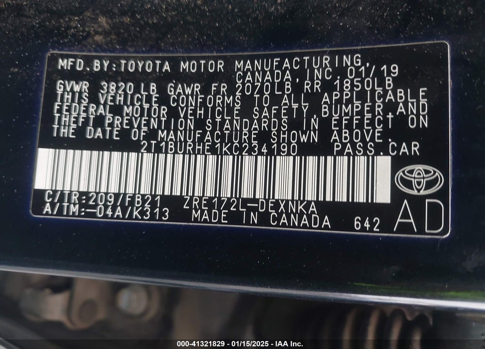 2019 TOYOTA COROLLA VIN: 2T1BURHE1KC234190