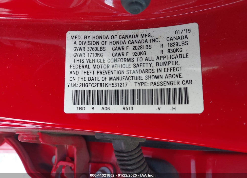 2019 HONDA CIVIC VIN: 2HGFC2F81KH531217