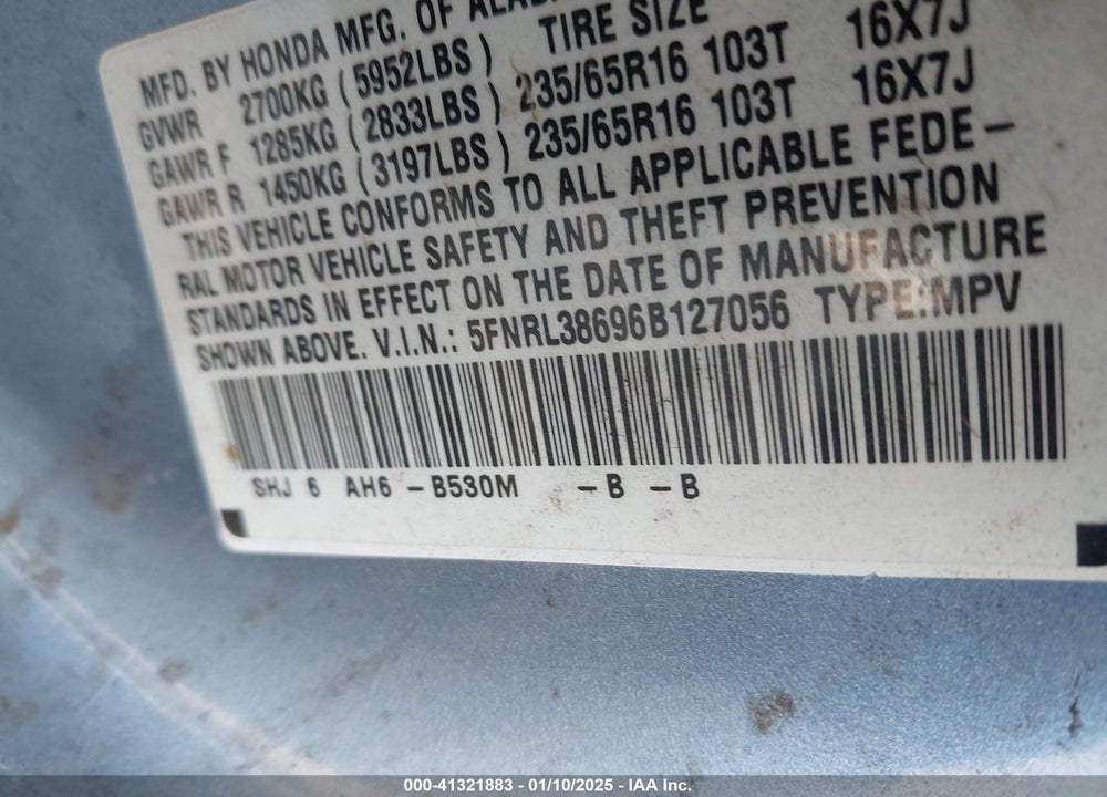 2006 HONDA ODYSSEY EX-L VIN: 5FNRL38696B127056