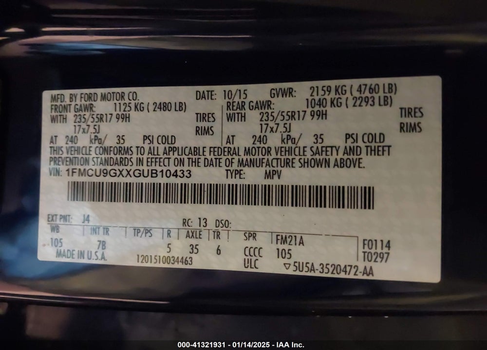 2016 FORD ESCAPE SE VIN: 1FMCU9GXXGUB10433