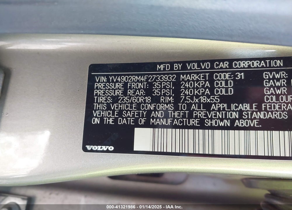 2015 VOLVO XC60 T6 PLATINUM VIN: YV4902RM4F2733932