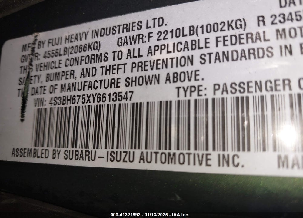 2000 SUBARU OUTBACK VIN: 4S3BH675XY6613547
