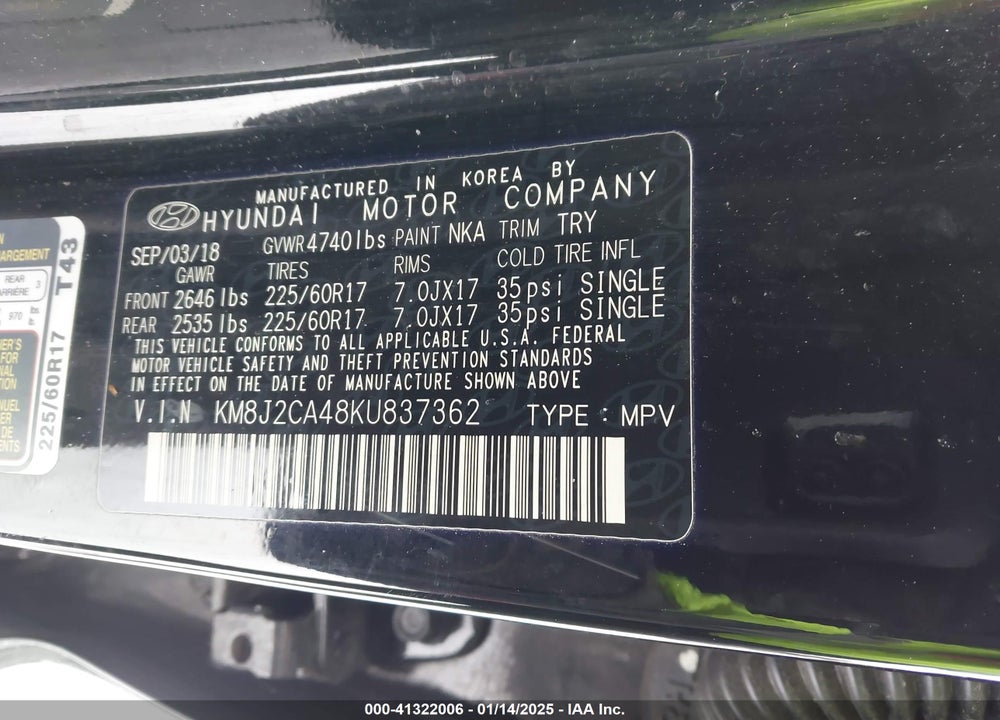 2019 HYUNDAI TUCSON SE VIN: KM8J2CA48KU837362