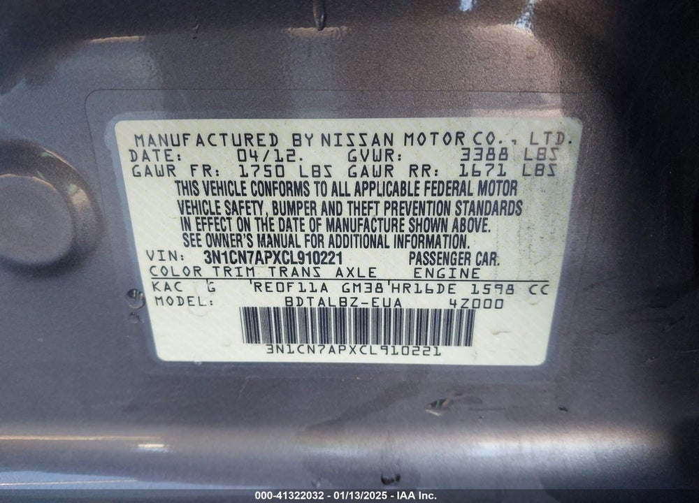2012 NISSAN VERSA 1.6 SV VIN: 3N1CN7APXCL910221