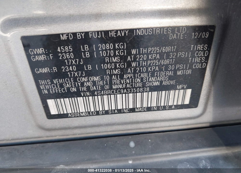2010 SUBARU OUTBACK 2.5I PREMIUM VIN: 4S4BRCEC9A3350838