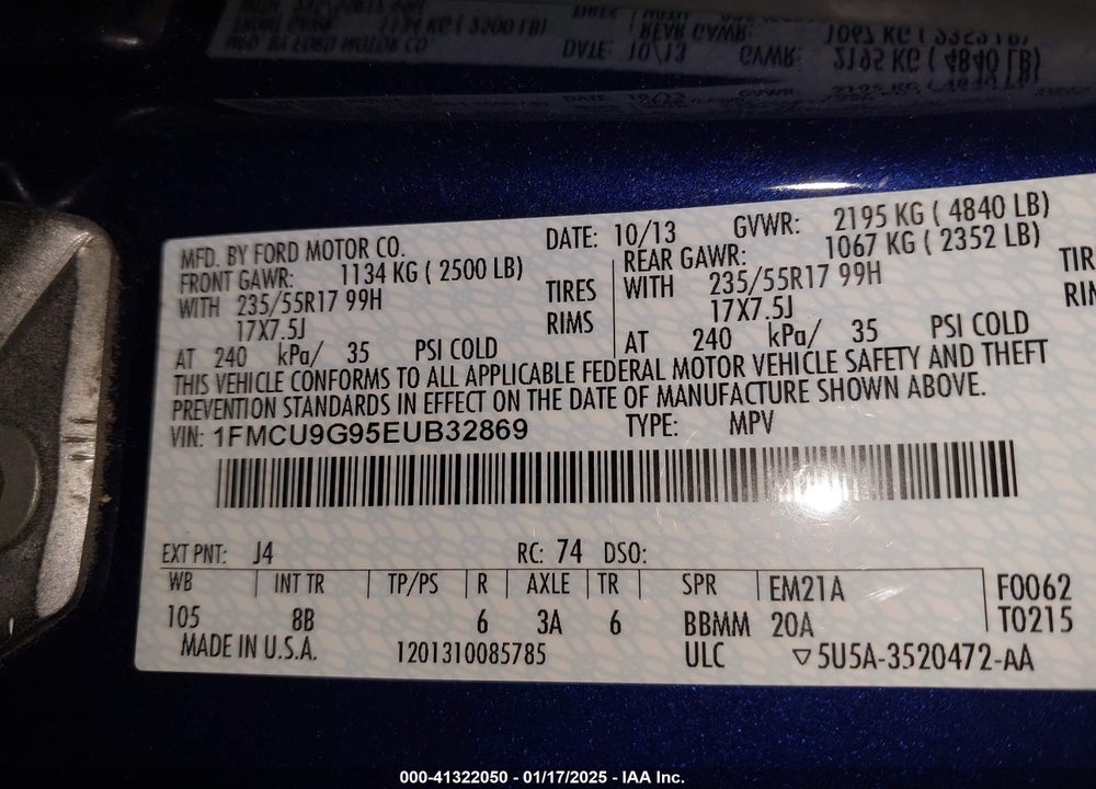2014 FORD ESCAPE SE VIN: 1FMCU9G95EUB32869