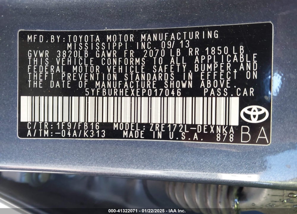 2014 TOYOTA COROLLA VIN: 5YFBURHEXEP017046