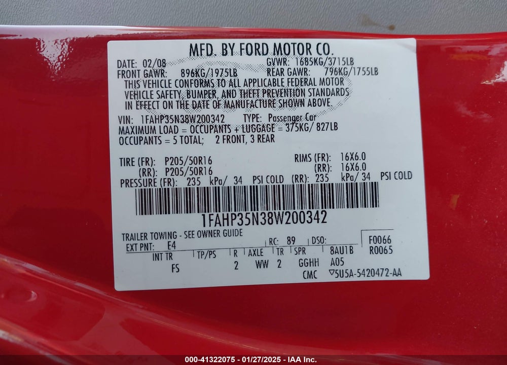 2008 FORD FOCUS SE VIN: 1FAHP35N38W200342