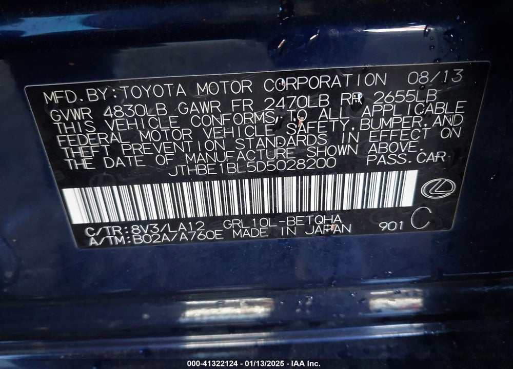 2013 LEXUS GS VIN: JTHBE1BL5D5028200