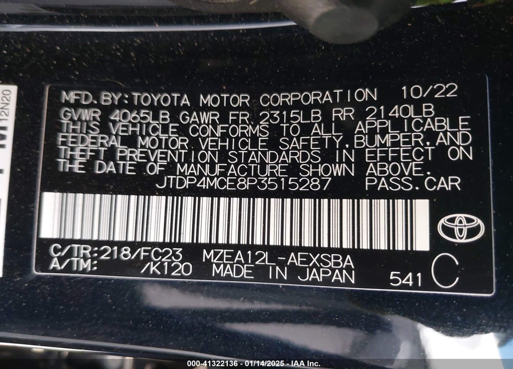 2023 TOYOTA COROLLA SE VIN: JTDP4MCE8P3515287