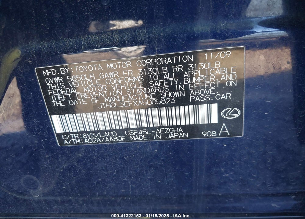 2010 LEXUS LS 460 VIN: JTHCL5EFXA5005823