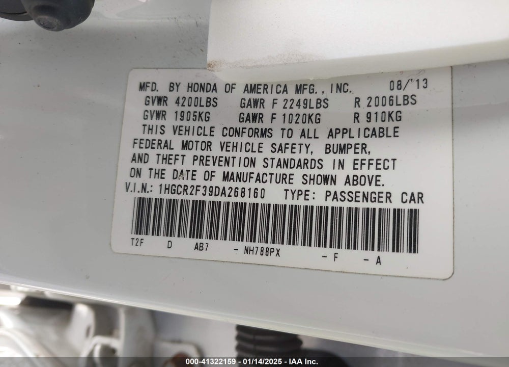 2013 HONDA ACCORD VIN: 1HGCR2F39DA268160