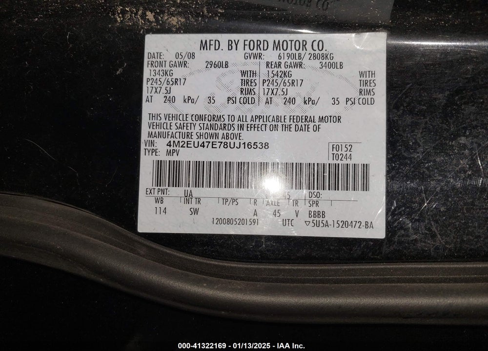 2008 MERCURY MOUNTAINEER VIN: 4M2EU47E78UJ16538