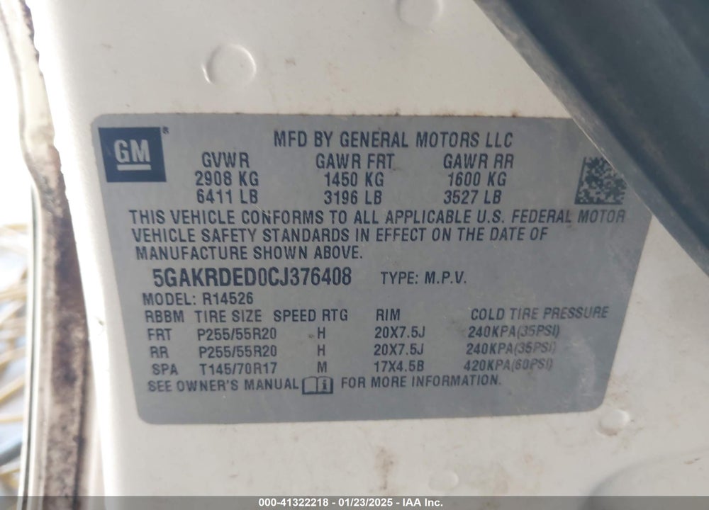 2012 BUICK ENCLAVE PREMIUM VIN: 5GAKRDED0CJ376408