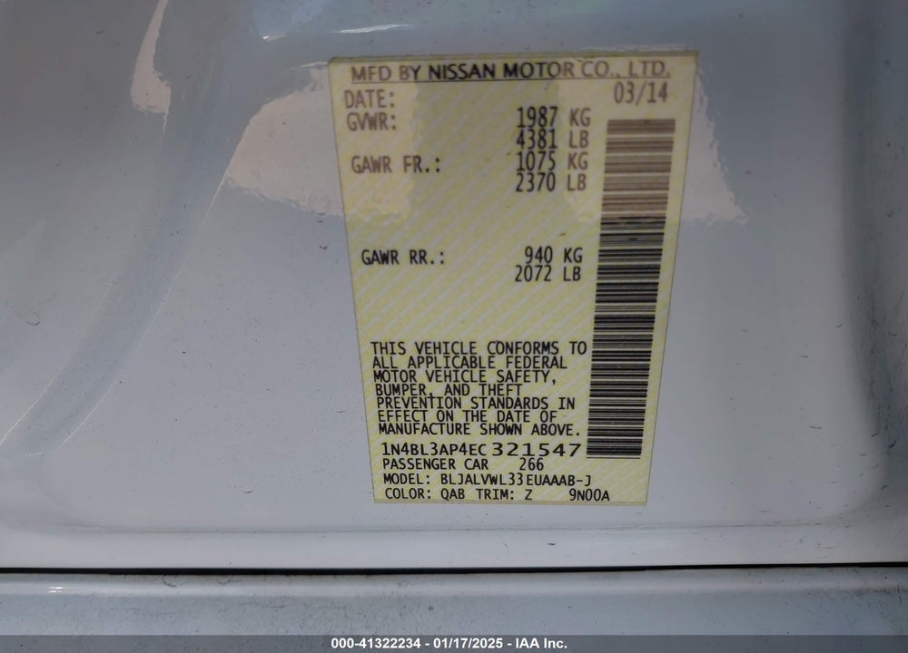 2014 NISSAN ALTIMA 3.5 SL VIN: 1N4BL3AP4EC321547