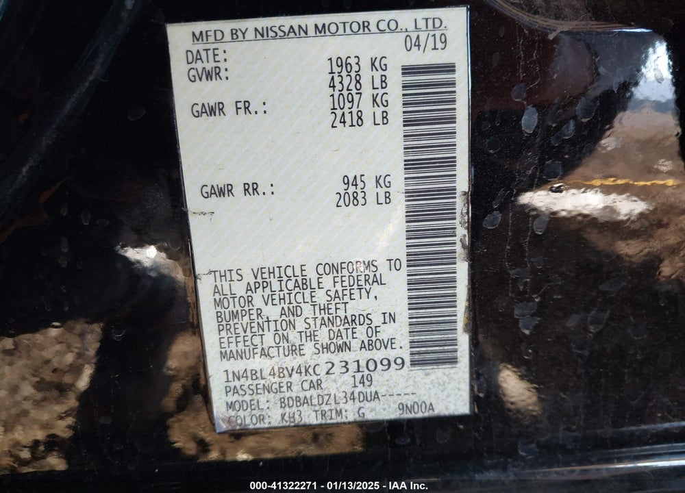 2019 NISSAN ALTIMA VIN: 1N4BL4BV4KC231099