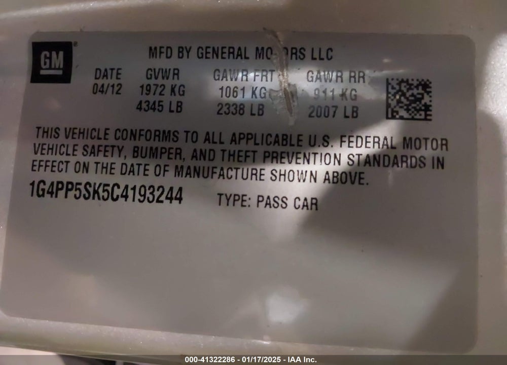 2012 BUICK VERANO VIN: 1G4PP5SK5C4193244