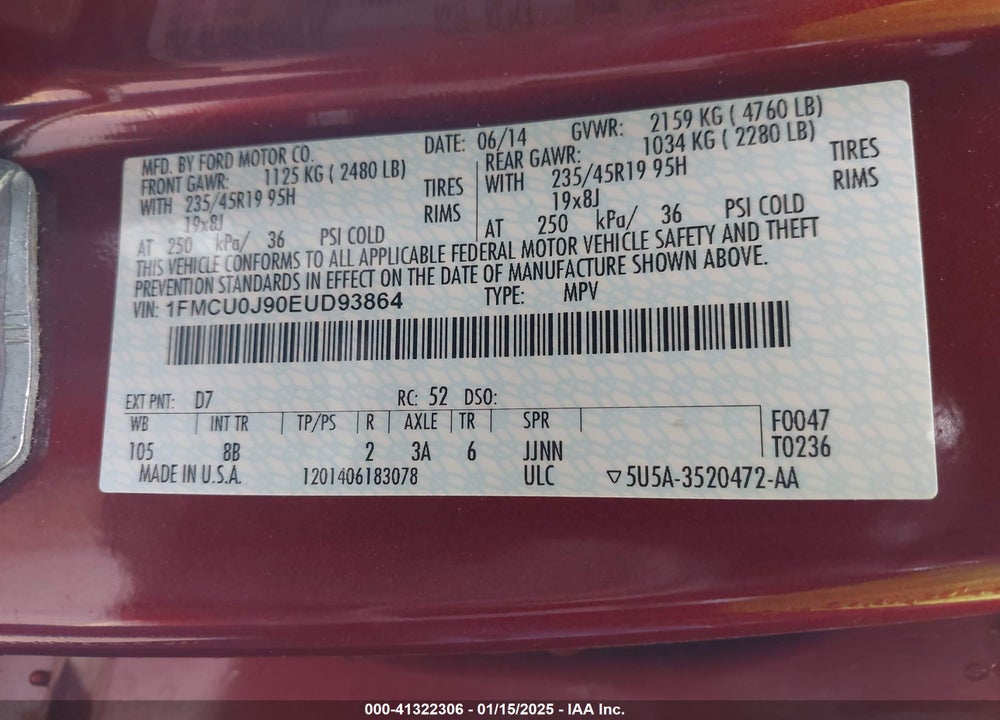 2014 FORD ESCAPE TITANIUM VIN: 1FMCU0J90EUD93864