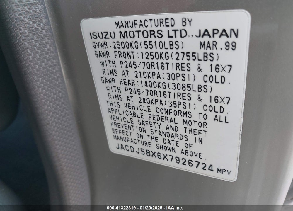 1999 ISUZU TROOPER S VIN: JACDJ58X6X7926724