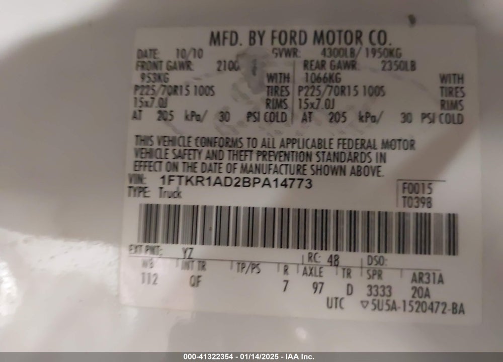 2011 FORD RANGER XL VIN: 1FTKR1AD2BPA14773