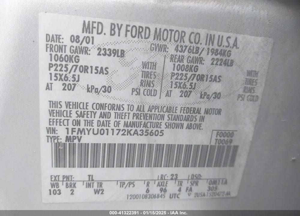 2002 FORD ESCAPE XLS VIN: 1FMYU01172KA35605