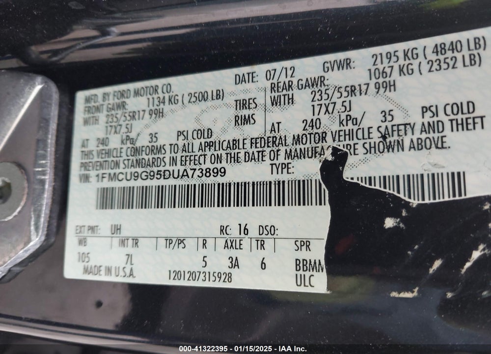 2013 FORD ESCAPE SE VIN: 1FMCU9G95DUA73899