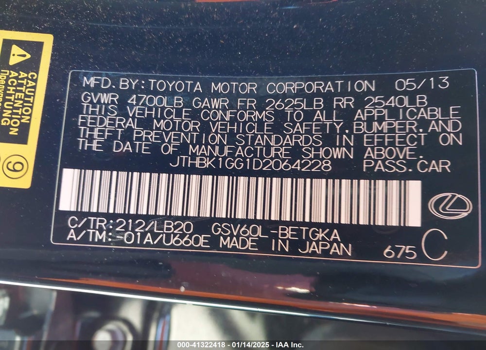 2013 LEXUS ES 350 VIN: JTHBK1GG1D2064228