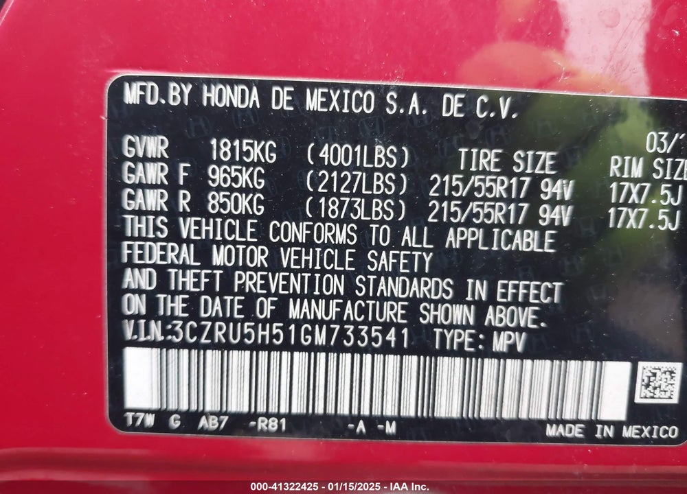 2016 HONDA HR-V EX VIN: 3CZRU5H51GM733541