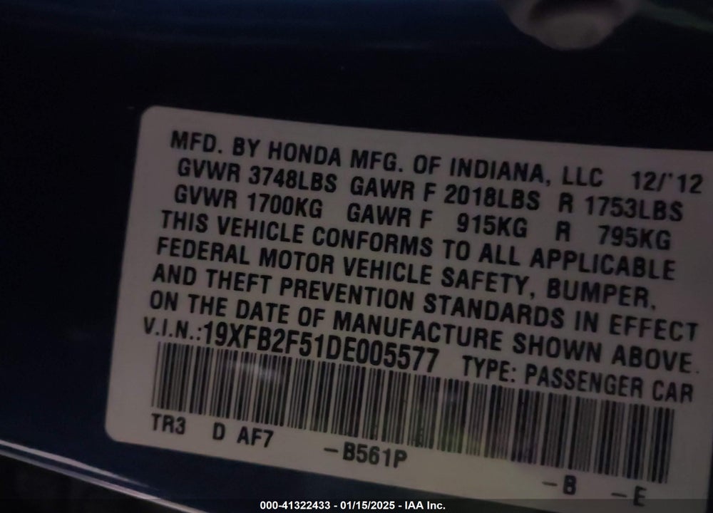 2013 HONDA CIVIC VIN: 19XFB2F51DE005577