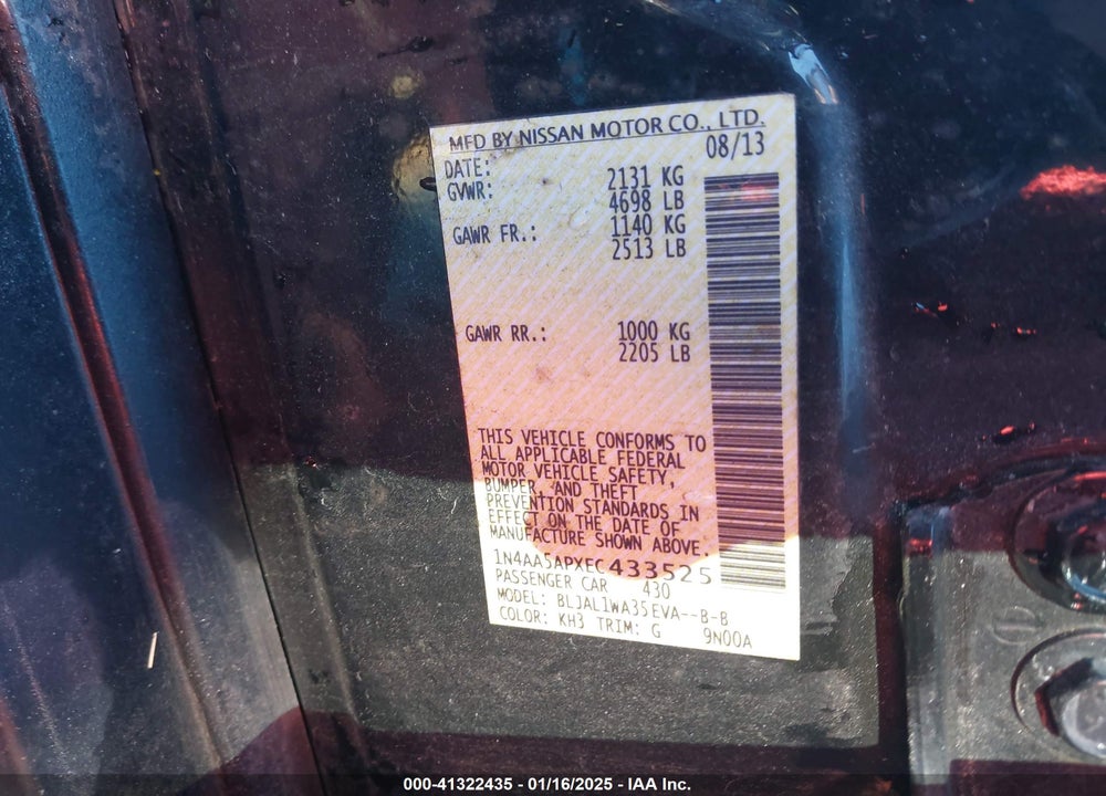 2014 NISSAN MAXIMA VIN: 1N4AA5APXEC433525