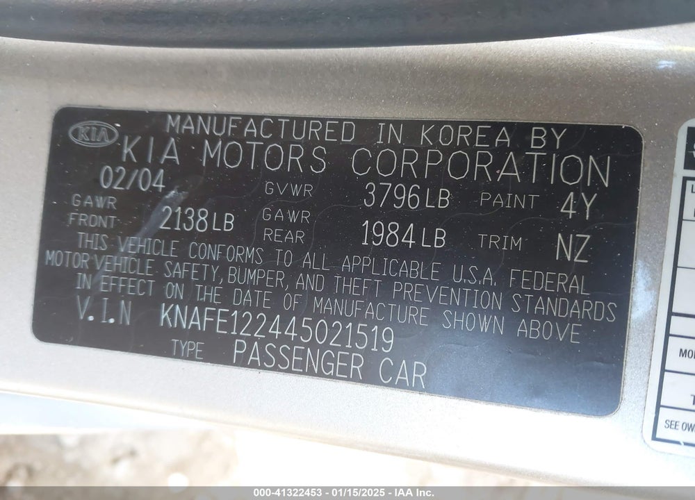 2004 KIA SPECTRA EX/LX VIN: KNAFE122445021519