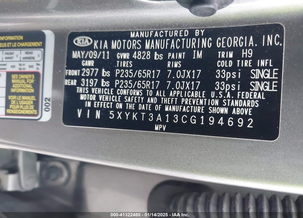 2012 KIA SORENTO LX VIN: 5XYKT3A13CG194692