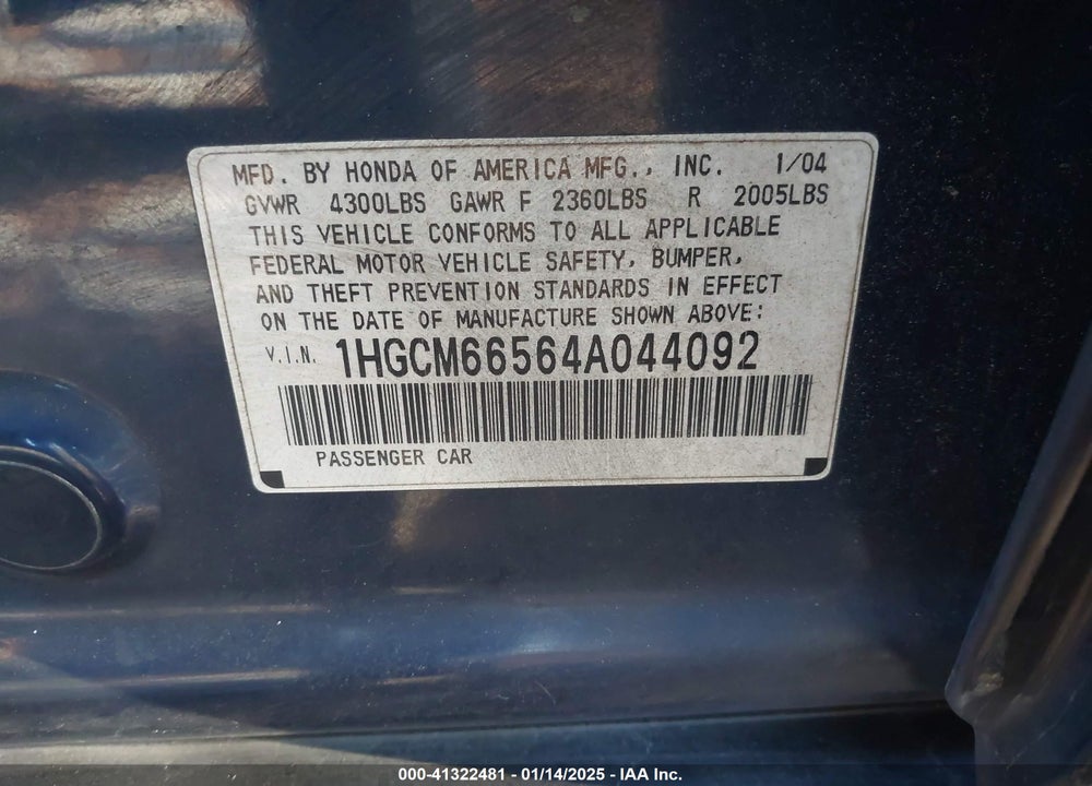 2004 HONDA ACCORD 3.0 EX VIN: 1HGCM66564A044092